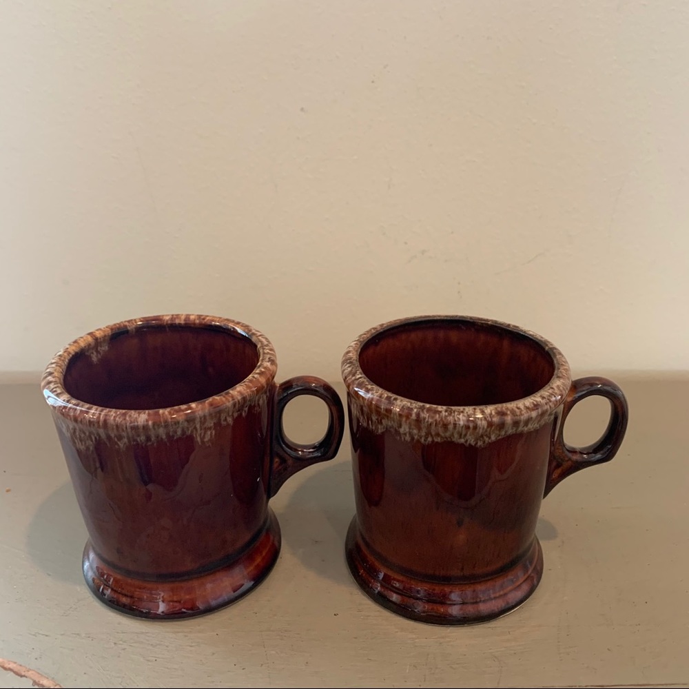 Two vintage brown drip glaze mugs